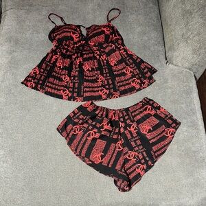 (XS/SMALL) Black and Red Printed Lace-Trim Camisole & Shorts Set (CC inspired)